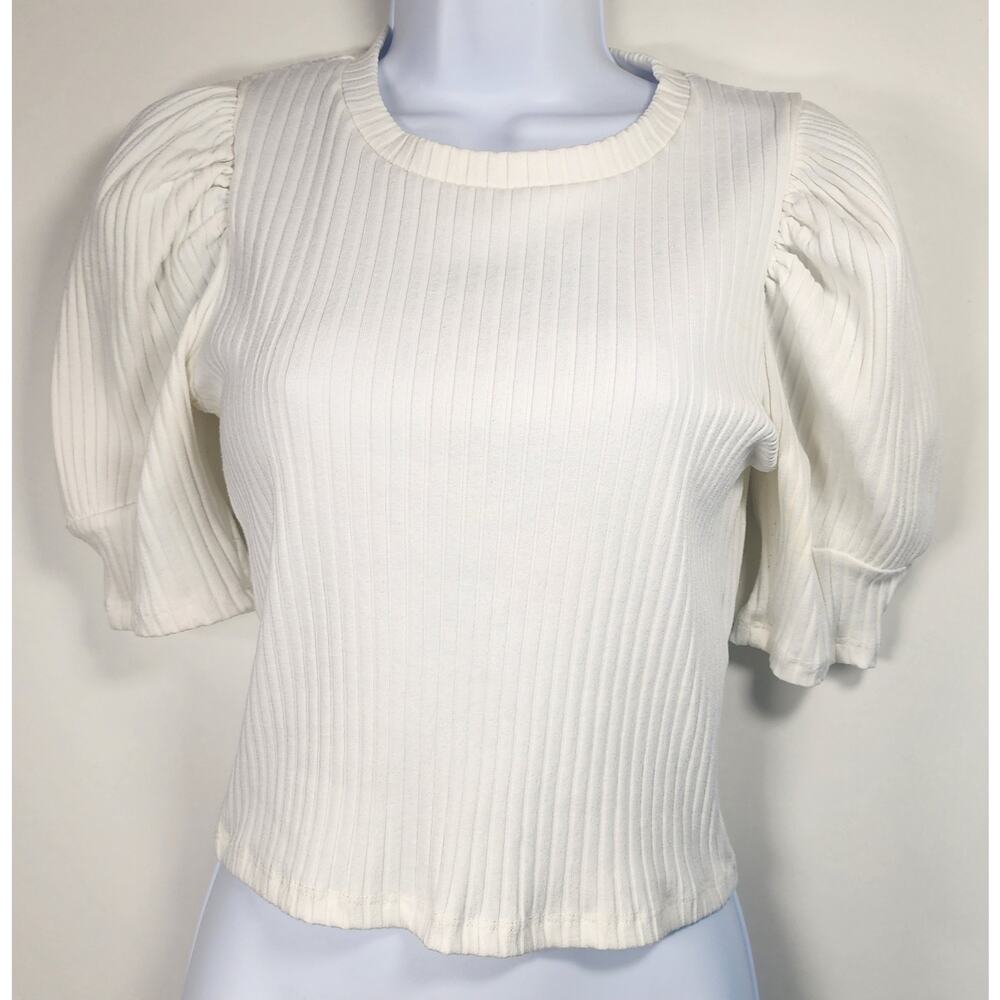 ZARA Women's L White Ribbed Puff Sleeve Knit Top Stretch Turkey